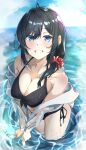  1girl absurdres ahoge bikini black_bikini black_hair blue_eyes breasts cleavage eyebrows_visible_through_hair hair_ornament hair_over_shoulder hair_scrunchie highres large_breasts long_hair looking_at_viewer original partially_submerged red_scrunchie scrunchie shikaya smile solo swimsuit 