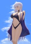  1girl absurdres azur_lane belfast_(azur_lane) bikini blue_sky breasts choker cleavage cloud cloudy_sky highres large_breasts legs long_hair lordol navel partially_undressed purple_eyes sky solo standing stomach swimsuit thighs very_long_hair white_hair 