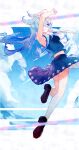  1girl a_ji alternate_costume aqua_hair armpits arms_up cloud elira_pendora hair_ornament hair_over_one_eye hairclip head_wings hidden_eyes highres jumping long_hair necktie nijisanji nijisanji_en sailor_collar shoujo_rei_(vocaloid) skirt sky sleeveless solo virtual_youtuber 