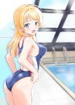  1girl ahoge ass blonde_hair blue_eyes blue_swimsuit breasts commentary_request competition_swimsuit cowboy_shot egonomi hachimiya_meguru idolmaster idolmaster_shiny_colors looking_at_viewer low_twintails medium_breasts one-piece_swimsuit pool pool_ladder poolside rei_no_pool solo swimsuit twintails 