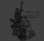  anthro armor assault_rifle canid canine clothing cute_fangs dialogue female fox grenade_launcher gun hair half-life hand_on_hip looking_at_viewer m16 m203 mammal pepper_(sketchytoasty) ranged_weapon rifle shirt simple_background sketchytoasty smile smiling_at_viewer solo tied_hair topwear video_games weapon 