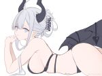  1girl absurdres ahoge arm_support ass bangs bare_arms bare_shoulders bikini black_bikini breasts cowboy_shot demon_girl demon_horns demon_tail demon_wings from_side grey_eyes grey_hair hair_tie highres horns interlocked_fingers long_hair looking_at_viewer looking_to_the_side low_wings lying medium_breasts navel nekojira on_stomach original parted_lips pointy_ears ponytail sideboob sidelocks simple_background skindentation solo stomach string_bikini swimsuit tail thea_(nekojira) thighs white_background wings 