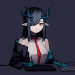  1girl arknights bare_shoulders black_background black_jacket china_dress chinese_clothes cleavage_cutout clothing_cutout dragon_horns drawing_tablet dress dusk_(arknights) hair_over_one_eye highres holding holding_stylus horns jacket keyboard_(computer) looking_at_viewer necktie off_shoulder open_clothes open_jacket pointy_ears red_eyes red_necktie sidelocks simple_background sitting sleeveless sleeveless_dress solo stylus upper_body white_dress yoon_cook 