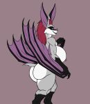  anthro athletic athletic_female big_breasts big_butt breasts butt chiropteran claws curvy_figure fangs female fluffy fluffy_tail fur grey_body grey_fur hi_res huge_ears karnator mammal membrane_(anatomy) membranous_wings multicolored_body multicolored_fur nipples red_eyes simple_background smile solo teeth thick_thighs two_tone_body two_tone_fur voluptuous white_body white_fur wings 