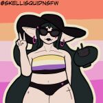  absurd_res ambiguous_gender clothing eyewear gesture hat headgear headwear hi_res humanoid lesbian_pride_colors lgbt_pride nonbinary_(lore) nonbinary_pride_colors piercing pride_color_clothing pride_color_flag pride_colors skellisquid slightly_chubby solo sunglasses swimwear tentacles two_piece_swimsuit v_sign 