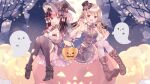  2girls azarashi6 black_hair blue_eyes breasts brown_hair eyebrows_visible_through_hair ghost hair_bun hair_ornament halloween halloween_costume happy_halloween heterochromia highres hinata_cocomi indie_virtual_youtuber jack-o&#039;-lantern kurokiri_aria long_hair looking_at_viewer multicolored_hair multiple_girls open_mouth pink_eyes pink_hair pumpkin smile two-tone_hair virtual_youtuber 