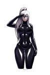  1girl arm_up artist_name bangs black_bodysuit blue_eyes bodysuit breasts closed_mouth commission curvy gesture_request grey_hair hair_between_eyes hair_ornament highres latex latex_bodysuit long_hair looking_at_viewer original ponytail simple_background smile solo tesomu white_background 