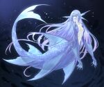  1girl absurdly_long_hair black_sclera blue_background blue_eyes blue_hair colored_sclera colored_skin completely_nude dorsal_fin fang fingernails fins full_body gills gradient_hair hair_between_eyes head_fins highres long_hair looking_at_viewer mermaid monster_girl multicolored_hair nude open_mouth original purple_hair purple_scales purple_skin ruteko_(ruko220) scales sharp_fingernails simple_background skin_fang solo two-tone_hair underwater very_long_hair webbed_hands white_skin 