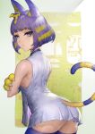  1girl absurdres animal_crossing animal_ears ankha_(animal_crossing) ass bangs bare_shoulders blunt_bangs bob_cut cat_ears cat_tail dress from_behind highres humanization looking_at_viewer looking_back purple_eyes purple_hair rosalind019 short_dress short_hair simple_background sleeveless solo tail thighhighs 