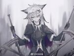  1girl animal_ears arknights black_capelet black_jacket capelet dual_wielding grey_background grey_eyes grey_hair hair_ornament hairclip holding holding_sword holding_weapon jacket lappland_(arknights) lappland_(refined_horrormare)_(arknights) long_hair long_sleeves looking_at_viewer messy_hair official_alternate_costume scar scar_across_eye simple_background smile solo sword upper_body weapon weibo_username wolf_ears ye_guo_jiaotang_dong 