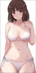  1girl amagami ass_visible_through_thighs bikini breasts brown_eyes brown_hair collarbone cowboy_shot large_breasts looking_at_viewer mobu short_hair side-tie_bikini sitting smile solo swimsuit tanaka_keiko white_bikini 