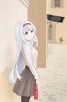  1girl alternate_costume bag black_legwear brown_eyes casual cowboy_shot eyebrows_visible_through_hair from_side grey_skirt hairband handbag highres holding holding_bag kantai_collection long_hair pantyhose red_hairband shoukaku_(kancolle) skirt smile solo sweater white_hair white_sweater yuu+ 