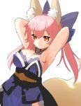  1girl :o animal_ear_fluff animal_ears armpits arms_up bangs blue_bow blue_kimono bow breasts cleavage collar commentary_request cowboy_shot detached_collar eyebrows_visible_through_hair fate/extra fate_(series) fox_ears fox_girl fox_tail hair_between_eyes hair_bow japanese_clothes kimono large_breasts long_hair looking_at_viewer obi pelvic_curtain pink_hair sash sidelocks simple_background sleeveless slit_pupils solo split_ponytail sweat tail tamamo_(fate) tamamo_no_mae_(fate/extra) tsukimi_okayu white_background white_collar yellow_eyes 