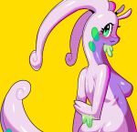  anthro blush breasts dragon drunk_oak female goodra green_eyes looking_at_viewer looking_back nintendo pok&eacute;mon pok&eacute;mon_(species) simple_background slime smile solo video_games yellow_background 