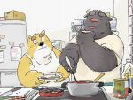  2022 anthro appliance black_body black_nose blush bovid bovine canid canine canis cattle clothing cooking detailed_background domestic_dog duo fridge hi_res humanoid_hands inside kemono kitchen kitchen_appliance kitchen_utensils male mammal overweight overweight_male pommn_mn shirt tools topwear 