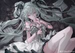  1girl absurdres bangs black_ribbon deadprince dress flower grey_eyes grey_hair hair_between_eyes hair_ribbon highres holding holding_flower long_hair looking_at_viewer lying on_back original parted_lips pink_flower ribbon sheet_music solo strapless strapless_dress thighhighs twintails very_long_hair weibo_username white_dress white_flower white_legwear 