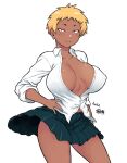  1girl arm_at_side black_skirt blonde_hair blue_nails breasts breasts_apart collared_shirt commentary_request covered_nipples dark-skinned_female dark_skin dated earrings fingernails gyaru hand_on_hip jewelry kogal large_breasts nail_polish no_bra original paid_reward_available partially_unbuttoned pleated_skirt school_uniform shirt short_hair signature skirt sleeves_rolled_up slit_pupils smile solo tsukudani_(coke-buta) tsurime white_shirt 