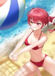  1girl bangs blush breasts cleavage collarbone dawon eyebrows_visible_through_hair grin hair_ribbon heterochromia highres hololive houshou_marine large_breasts long_hair narrow_waist red_eyes red_hair ribbon shore smile solo swimsuit twintails virtual_youtuber volleyball yellow_eyes 