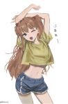  1girl blue_eyes highres midriff navel neon_genesis_evangelion one_eye_closed open_mouth orange_hair shirt shorts simple_background solo souryuu_asuka_langley stretch tears wisp_(illothewisp) yawning yellow_shirt 