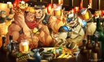  6+boys alca alcohol animal_ears arm_hair artist_name bara bear_boy bear_ears beard beenic beer beer_mug black_hair blonde_hair cup facial_hair fingerless_gloves food furry furry_male furry_with_non-furry gloves grey_fur gyee highres holding holding_cup interspecies jack_(gyee) kamui_(gyee) large_pectorals lion_boy looking_at_another mug multiple_boys muscular muscular_male open_mouth pectorals romg scar scar_across_eye scar_on_face short_hair sideburns sig_(gyee) smile stomach_tattoo stubble tattoo two-tone_fur undercut xiawenjie 