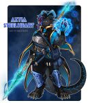  anthro armor aziya_steelheart black_body black_scales blue_clothing blue_eyes blue_horn blue_shirt blue_topwear clothing dragon female fsmaverick glowing hair hi_res horn jacket magic melee_weapon multicolored_hair paws polearm pouches raised_hand scales shin_guards shirt smile solo spear topwear weapon 
