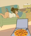  absurd_res anthro beaver bottomless brown_hair buckteeth cartoon_network cchilab chubby_female clothed clothing eileen_roberts eyewear female food furniture glasses hair hi_res mammal pizza pizza_box ponytail regular_show rodent slightly_chubby slutty_face sofa solo teeth 