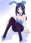  1girl alternate_costume animal_ears black_legwear blue_footwear blue_leotard bow bowtie breasts collarbone covered_navel dengeki_gx detached_collar dokidoki!_precure eyebrows_visible_through_hair fake_tail gradient gradient_background hair_between_eyes high_heels highres hishikawa_rikka leotard looking_at_viewer pantyhose playboy_bunny precure rabbit_ears rabbit_tail shadow sitting small_breasts smile solo strapless strapless_leotard tail traditional_bowtie white_background wrist_cuffs 