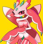  anthro arthropod black_eyes blush breasts drunk_oak elemental_creature female flora_fauna insect looking_at_viewer lurantis nintendo pink_body plant pok&eacute;mon pok&eacute;mon_(species) pose red_sclera simple_background solo video_games yellow_background 