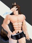  abs animal_humanoid anthro biceps black_body black_fur boxers_(clothing) bulge canid canine canis clothed clothing digital_media_(artwork) fur grey_body grey_fur hi_res humanoid looking_at_viewer male mammal mammal_humanoid muscular muscular_anthro muscular_male nipples pecs red_eyes simple_background smile solo tamotoji_x topless underwear wolf wolf_butler wolf_butler_and_his_cat_master 