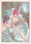  2girls absurdres barefoot bath bathing breasts character_request cup flower highres hololive houshou_marine multiple_girls nude phone pink_flower plant red_hair saku39_(skb318) skull_cup tablet_pc tattoo towel virtual_youtuber window yawning 