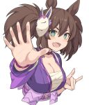  animal_ears aqua_eyes blush bracelet breasts brown_hair cleavage collarbone fang fox_mask fox_shadow_puppet hair_between_eyes hair_ornament hair_ribbon hand_gesture horse_ears horse_girl inari_one_(umamusume) japanese_clothes jewelry kimono large_breasts looking_at_viewer mask mask_on_head necklace open_hand open_mouth purple_kimono ribbon sarashi shiseki_hirame simple_background skin_fang tasuki twintails umamusume upper_body white_background yellow_ribbon 