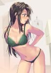  1girl ass_visible_through_thighs black_hair bra breasts brown_eyes chikuma_(kancolle) cleavage commentary_request cowboy_shot green_bra green_panties highres kantai_collection long_hair looking_to_the_side midriff navel open_mouth panties solo underwear underwear_only yami_(m31) 
