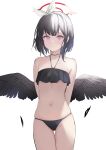  1girl absurdres arms_behind_back bangs black_hair black_wings blue_archive eyebrows_visible_through_hair feathered_wings feathers frills hairband halo highres looking_at_viewer low_wings mashiro_(blue_archive) mashiro_(swimsuit)_(blue_archive) purple_eyes short_hair simple_background smile solo white_background white_hairband wings xochi_(nueeen6978) 