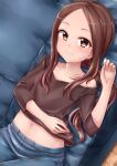  1girl bangs bare_shoulders blush breasts brown_eyes brown_hair cleavage closed_mouth collarbone couch denim denim_shorts hair_ornament highres indoors karakai_jouzu_no_(moto)_takagi-san karakai_jouzu_no_takagi-san long_hair looking_at_viewer midriff navel on_couch shirt shorts simple_background skywalker0610 smile solo takagi-san 