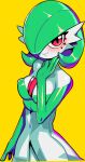  blush breasts drunk_oak female fingers gardevoir green_hair hair humanoid looking_at_viewer nintendo pok&eacute;mon pok&eacute;mon_(species) red_eyes simple_background smile solo video_games yellow_background 