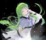  1girl black_background c.c. code_geass cofffee facial_mark forehead_mark glowing green_hair light_green_hair long_hair long_sleeves looking_at_viewer low-tied_long_hair parted_lips smoke solo wide_sleeves wind yellow_eyes 
