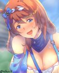  1girl animal_ears bangs blue_bow blue_eyes blue_scarf blurry blurry_background blush bow braid breasts brown_hair cleavage commentary_request eyebrows_visible_through_hair hair_bow highres horse_ears horse_girl large_breasts long_hair looking_at_viewer open_mouth reihou19 scarf signature smile solo sparkle super_creek_(umamusume) sweat umamusume upper_body very_long_hair 