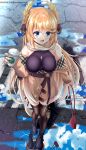  1girl azur_lane bag bare_shoulders black_panties black_sweater blonde_hair blue_eyes breasts brown_coat brown_legwear coat coat_dress coffee_cup cross cross_necklace cup disposable_cup eyebrows_visible_through_hair full_body hair_ornament hairclip helvetica_std highres holding holding_bag holding_cup jewelry large_breasts laurel_crown long_hair necklace off-shoulder_coat off_shoulder official_alternate_costume open_mouth panties pantyshot pantyshot_through_reflection puddle purple_legwear reflection ribbed_sweater scarf sideways_glance sleeveless sleeveless_sweater solo sweater sweater_vest taut_sweater_vest thighhighs underwear very_long_hair victorious_(azur_lane) victorious_(the_goddess&#039;_day_off)_(azur_lane) water 