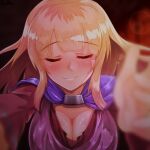  1girl bangs blonde_hair blush breasts cape cleavage closed_eyes closed_mouth commentary_request eyebrows_visible_through_hair incoming_hug large_breasts long_hair monica_(romancing_saga_3) purple_cape reihou19 romancing_saga_3 saga smile solo upper_body 