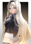  1girl absurdres an-94_(girls&#039;_frontline) ass bangs black_cape black_gloves black_hairband blonde_hair blue_eyes blush breasts cape closed_mouth eyebrows_visible_through_hair feet_out_of_frame from_side girls&#039;_frontline gloves hair_ornament hairband hairclip hand_on_own_chest highres long_hair long_sleeves looking_at_viewer no_pants panties sideboob simple_background small_breasts solo standing tactical_clothes underwear white_panties yanwulazy 