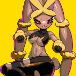  anthro black_sclera blush breasts brown_body brown_fur clothing drunk_oak female fur grin lagomorph looking_at_viewer mammal mega_evolution mega_lopunny nintendo pok&eacute;mon pok&eacute;mon_(species) pose red_eyes simple_background smile solo teeth video_games yellow_background 