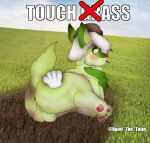  anus backsack ball_squish balls beanie big_butt butt butt_grab butt_squish clothing cursor disembodied_hand english_text feral food genitals hair hand_on_butt hat hazelninetales headgear headwear hi_res humor impact_(font) looking_at_viewer lying male nintendo on_side pawpads photo_background pink_anus pink_pawpads pocky pocky_in_mouth pok&eacute;mon pok&eacute;mon_(species) purple_eyes solo sprigatito squish surprise text touch_grass video_games wesley_morrow white_hair 