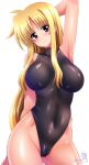  1girl arm_behind_back arm_up armpits artist_name blonde_hair blush bodysuit breasts covered_navel dated eyebrows_visible_through_hair fate_testarossa highres kamogawa_tanuki large_breasts long_hair looking_at_viewer lyrical_nanoha mahou_shoujo_lyrical_nanoha_strikers red_eyes sidelocks simple_background skin_tight smile solo upper_body very_long_hair white_background 