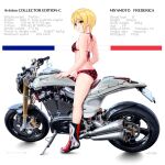  absurdres asymmetrical_hair bikini blonde_hair boots caption flick_(sal23) french_flag green_eyes ground_vehicle highres idolmaster idolmaster_cinderella_girls idolmaster_cinderella_girls_starlight_stage miyamoto_frederica motor_vehicle motorcycle short_hair smile swimsuit white_background 