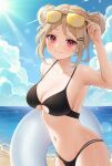  1girl absurdres beach bikini black_bikini blue_sky blush breasts cleavage cloud collarbone day double_bun dripping eyewear_on_head girls&#039;_frontline hair_bun hair_ornament hairclip highres innertube large_breasts light_brown_hair looking_at_viewer navel ocean outdoors p90_(girls&#039;_frontline) red_eyes reel_(riru) sky smile solo sunglasses swimsuit tinted_eyewear water wet yellow-tinted_eyewear 