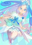  1girl argyle argyle_background blue_background blue_dress blue_eyes blue_hair boots bracelet brooch choker collarbone crystal_earrings cure_diamond dokidoki!_precure dress earrings forehead full_body heart_brooch hishikawa_rikka jewelry jj_(ssspulse) long_hair looking_at_viewer precure puffy_sleeves ribbon sash smile solo white_footwear yellow_choker 