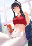  1girl abs bangs bare_shoulders black_hair blue_jacket blush bottle breasts collarbone eyebrows_visible_through_hair hairband high_ponytail highres holding holding_bottle jacket long_hair looking_at_viewer medium_breasts midriff mikame_v2 navel off_shoulder official_alternate_hairstyle pants parted_lips ponytail red_eyes red_sports_bra sidelocks solo sports_bra spy_x_family stomach sweat water_bottle white_hairband white_pants window yoga_pants yor_briar 