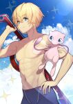  1boy abs absurdres blonde_hair blue_eyes green322 highres looking_at_viewer male_focus mew monado navel pokemon pokemon_(creature) short_hair shulk_(xenoblade) simple_background smile super_smash_bros. sword underwear weapon xenoblade_chronicles xenoblade_chronicles_(series) 