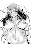  1girl 1other bangs blush body_blush breasts commentary_request cowgirl_position eyebrows_visible_through_hair girl_on_top greyscale hair_between_eyes hair_ornament hairclip highres implied_sex kantai_collection large_breasts long_hair monochrome naked_shirt navel nipples open_mouth pov reihou19 shirt simple_background smile solo_focus straddling suzuya_(kancolle) upper_body 