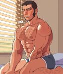  1boy abs arm_hair bara bed black_hair black_male_underwear blush boxer_briefs chest_hair foazycozy golden_kamuy large_pectorals leg_hair male_focus male_underwear manly muscular muscular_male navel nipples on_bed one_eye_closed pectorals scar scar_on_cheek scar_on_face short_hair solo tanigaki_genjirou underwear 